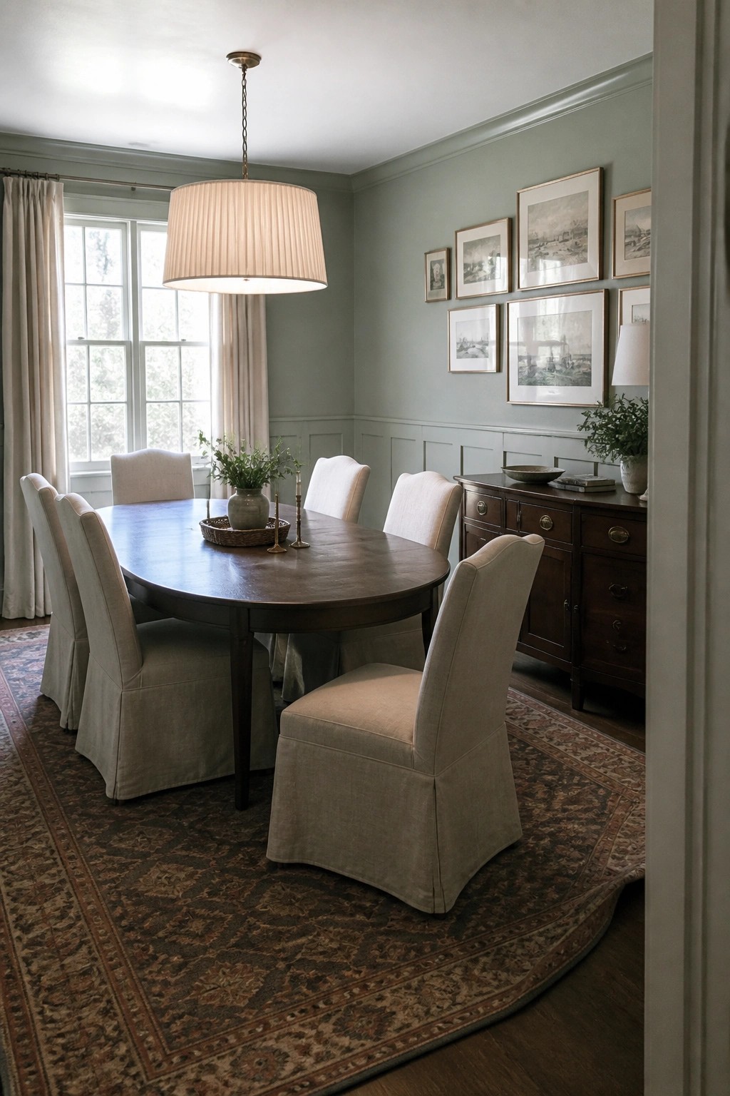 Elegant dining room with oval wooden table, beige slipcovered chairs, and sage green walls.