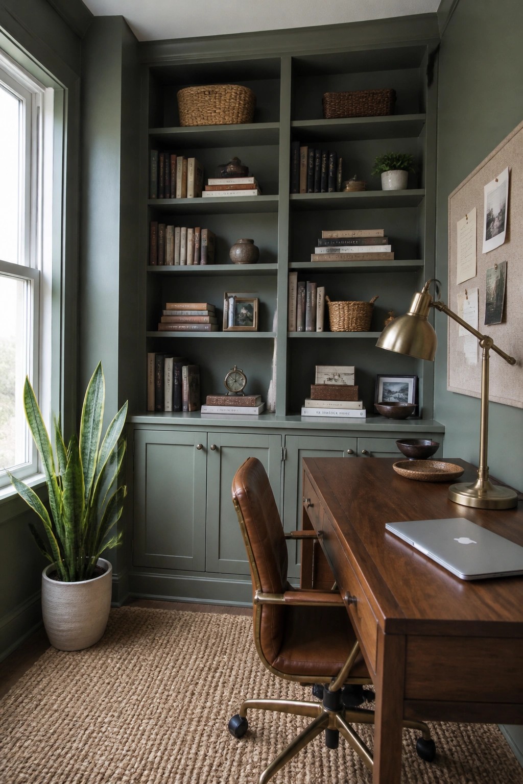 Built-in bookshelves and cabinets painted in a muted green in a home office.