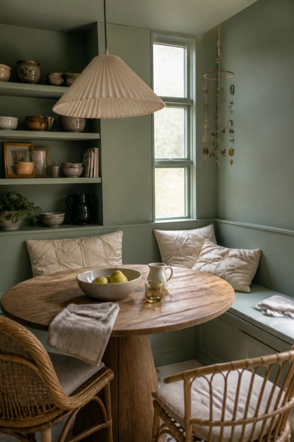 Cozy sage green nook with round wooden table, rattan chairs, and bench seating