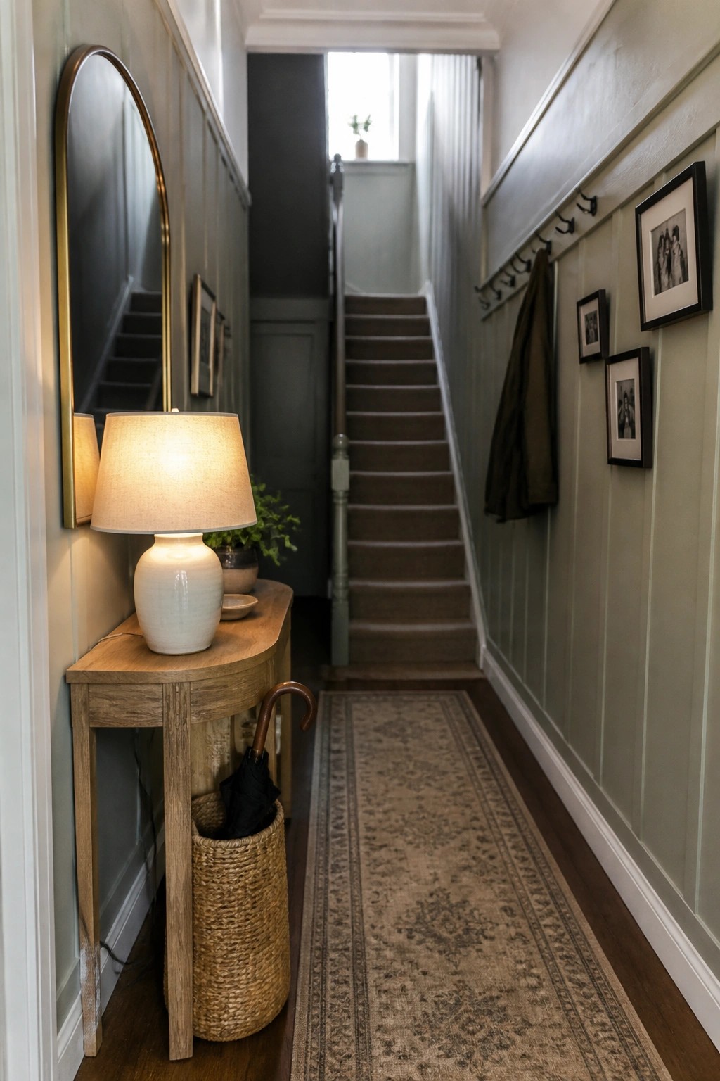 Narrow hallway with wooden console table, lit lamp, arched mirror, coat hooks, and stairs.