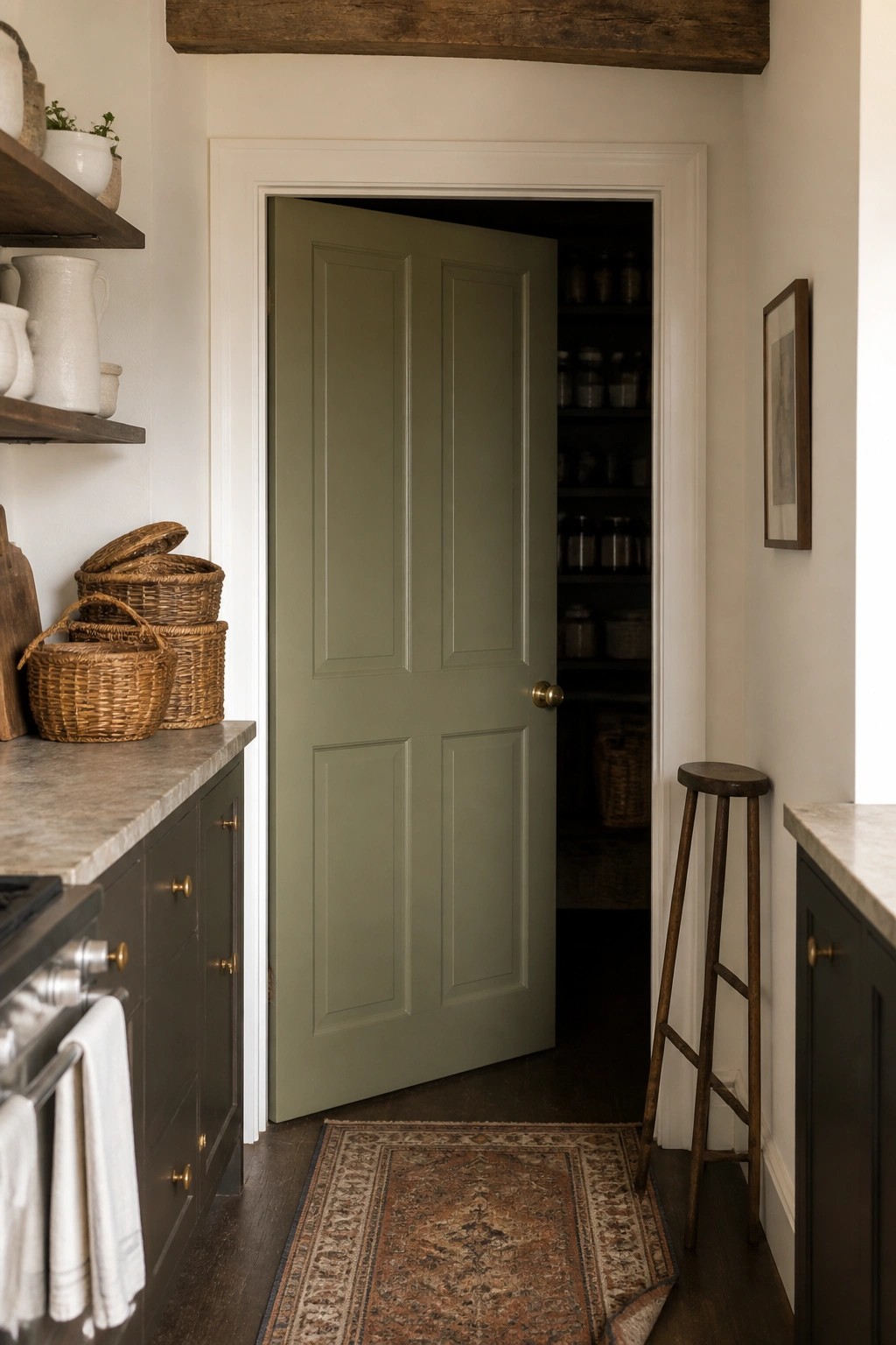 A muted sage green door stands open in a narrow hallway with white trim and dark wood floors.