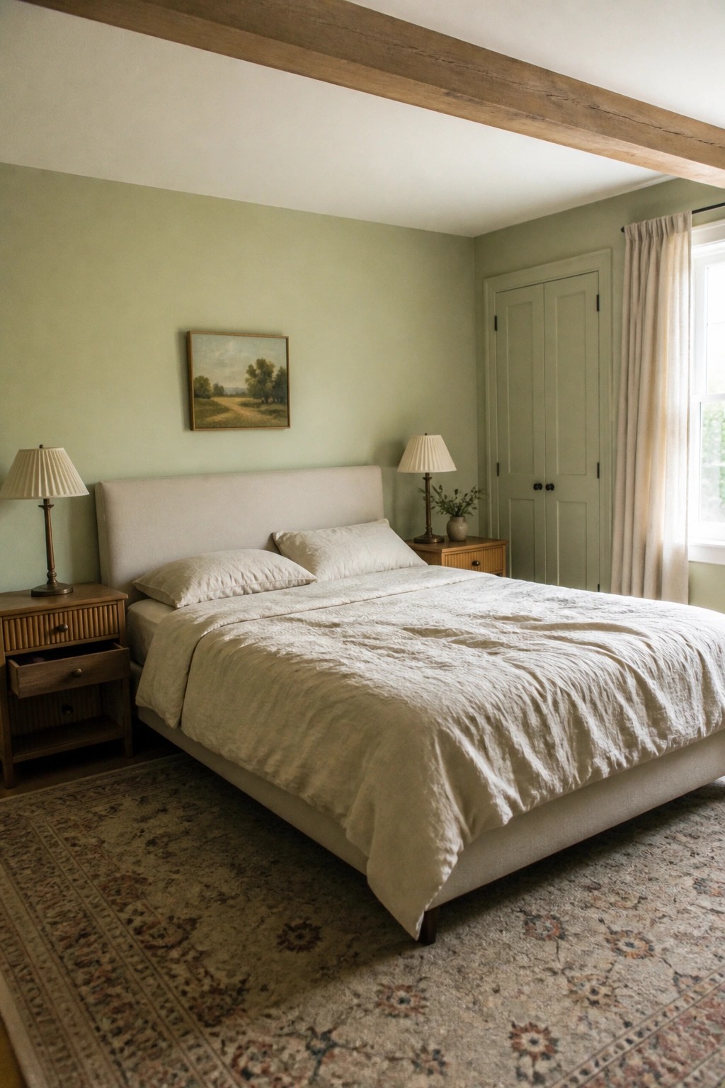 Soft sage green walls in a bedroom with warm wood furniture and an exposed beam.
