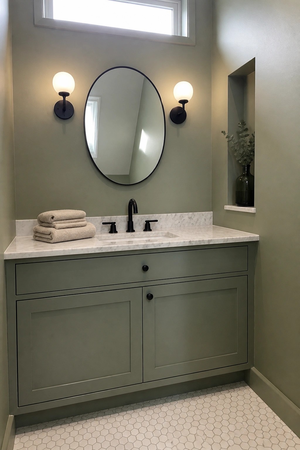 Sage green vanity with marble top, round mirror, black fixtures, and wall sconces.