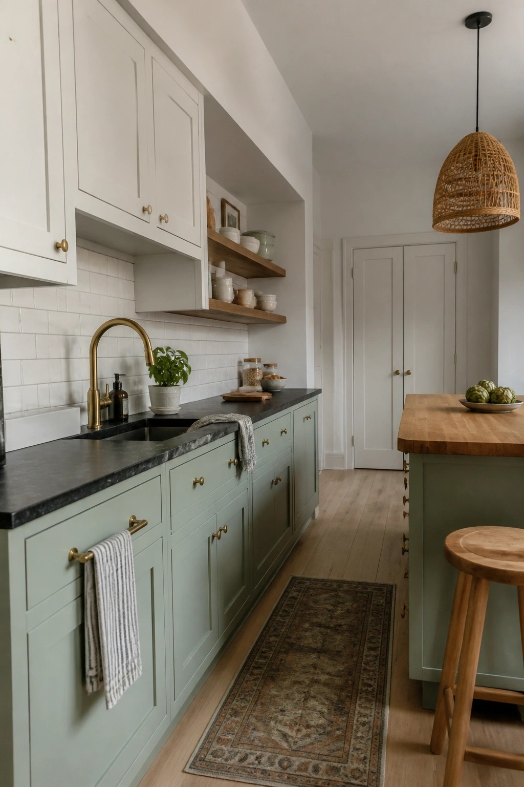 Sage green and white kitchen with black counters, brass fixtures, wooden island, and woven pendant.
