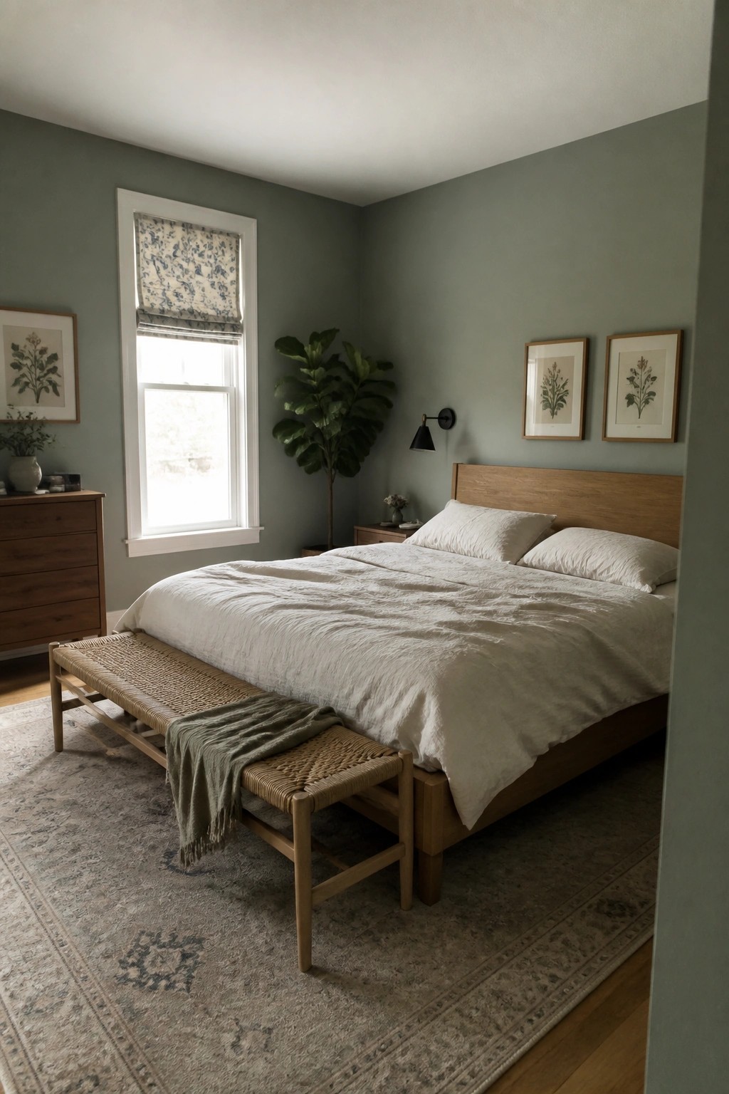Serene bedroom with sage green walls, wooden bed, white linens, and woven bench.