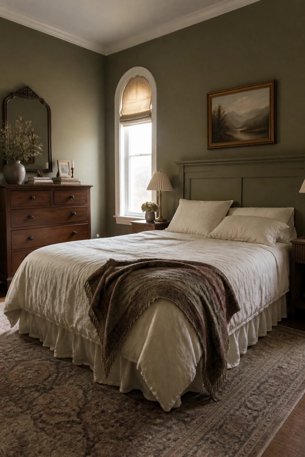 Sage green walls in a bedroom with a wooden dresser and white bedding.