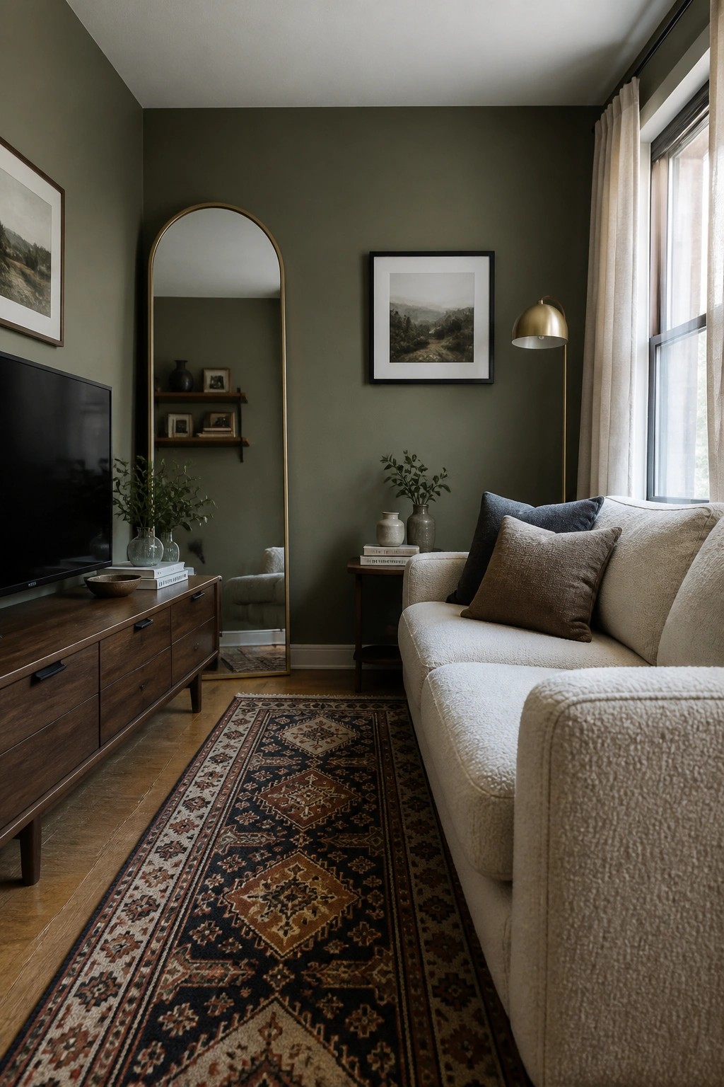 Living room with muted olive green walls, wood furniture, and a white sofa.