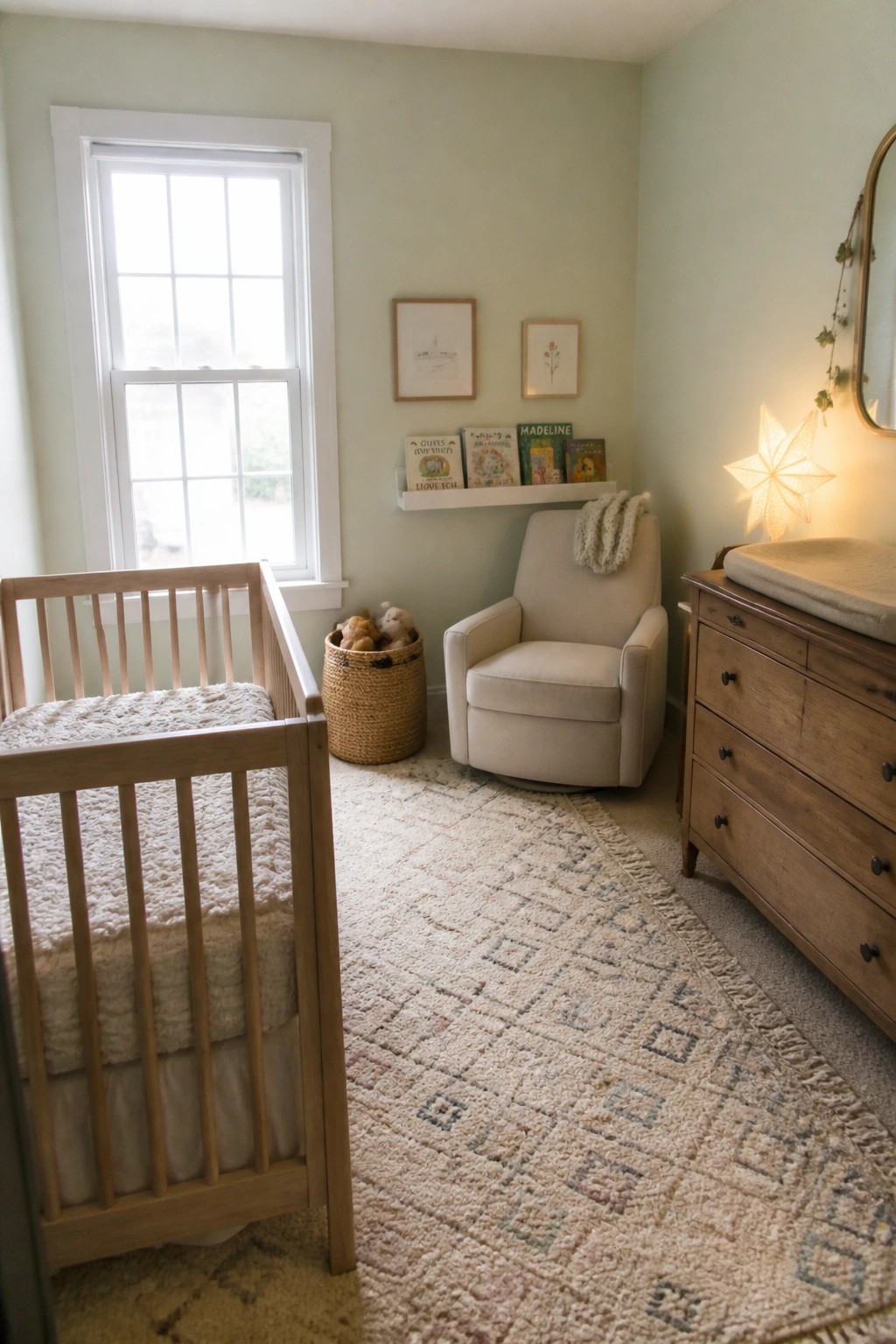 Cozy nursery with wooden crib, beige armchair, books, star lamp, and patterned rug.