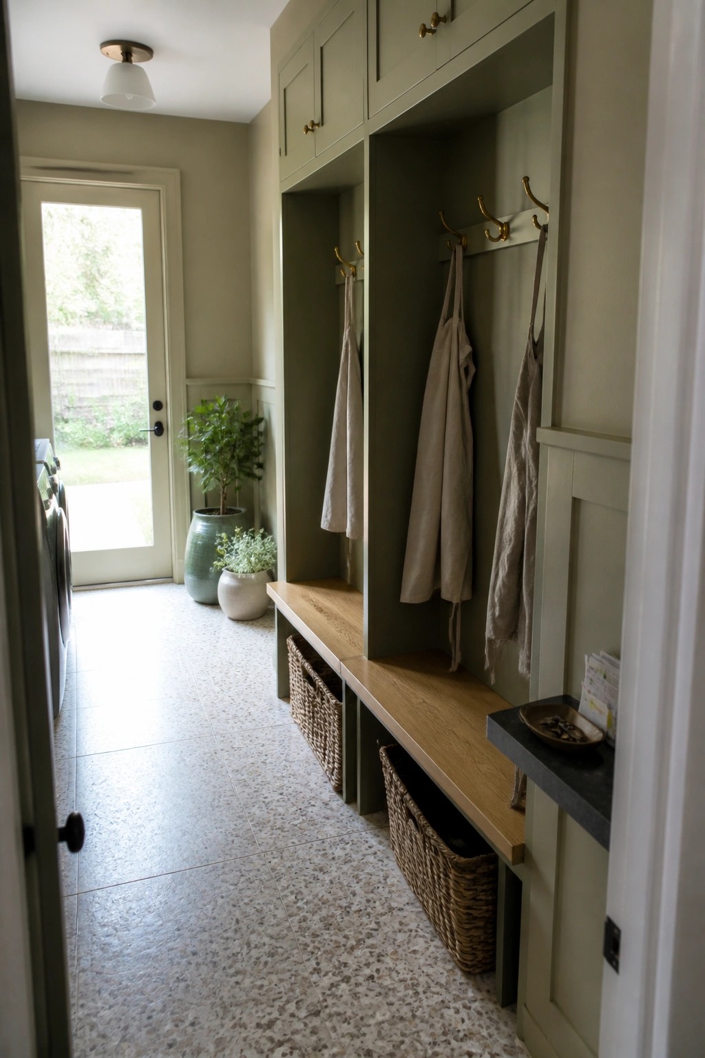 Sage green mudroom with wooden bench, brass hooks holding linens, and woven storage baskets.
