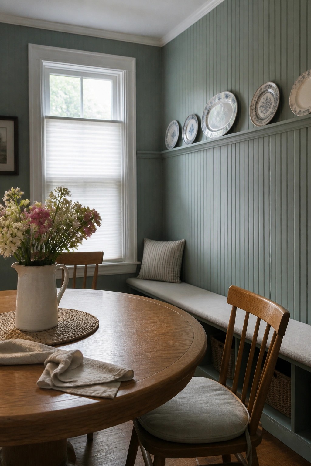 Muted sage green walls and wainscoting in a dining nook with wood furniture.