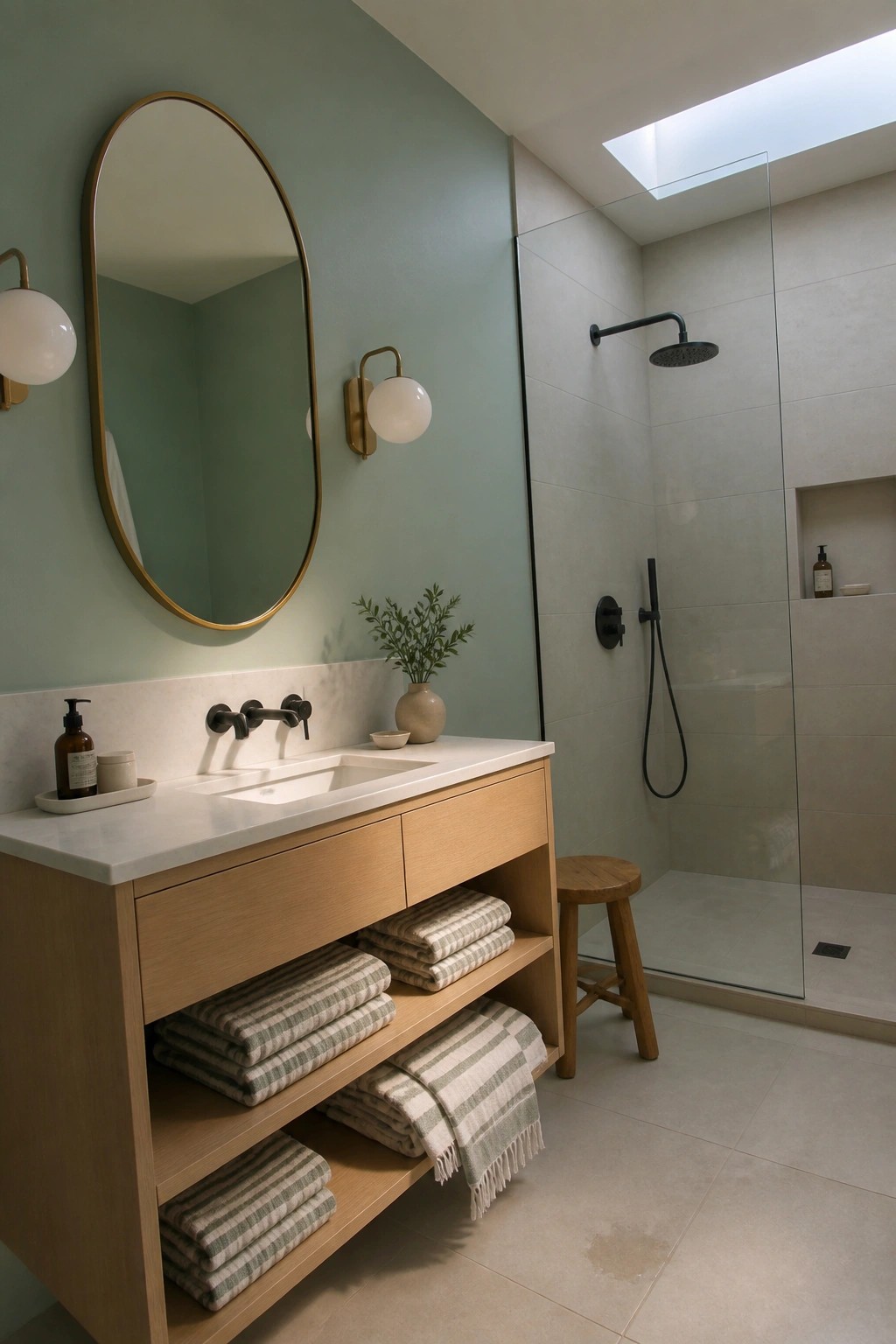 A bathroom with soft sage green walls and a light wood vanity.