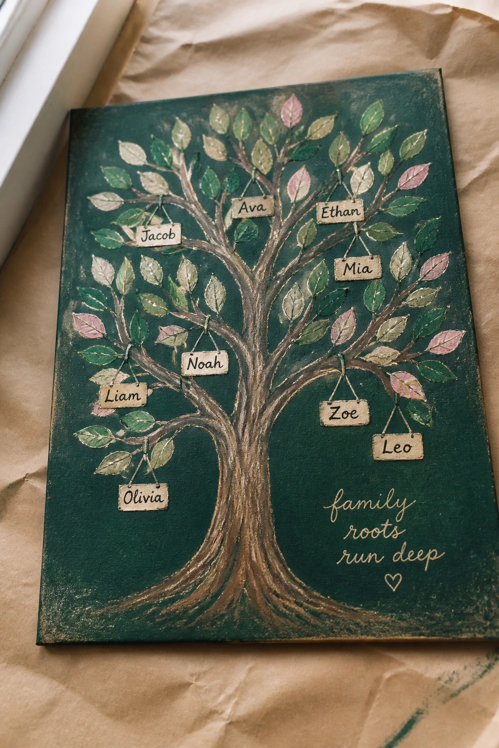 Painted family tree on dark green canvas with hanging name tags and quote.