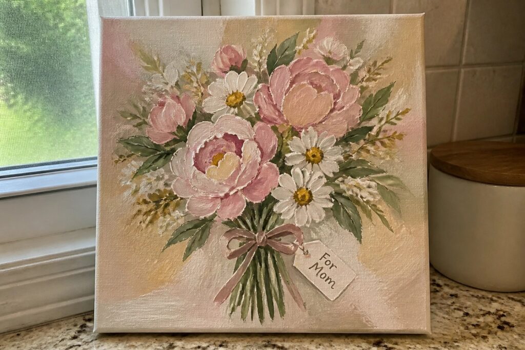 Acrylic painting of pink peonies and daisies bouquet with pink ribbon and "For Mom" tag