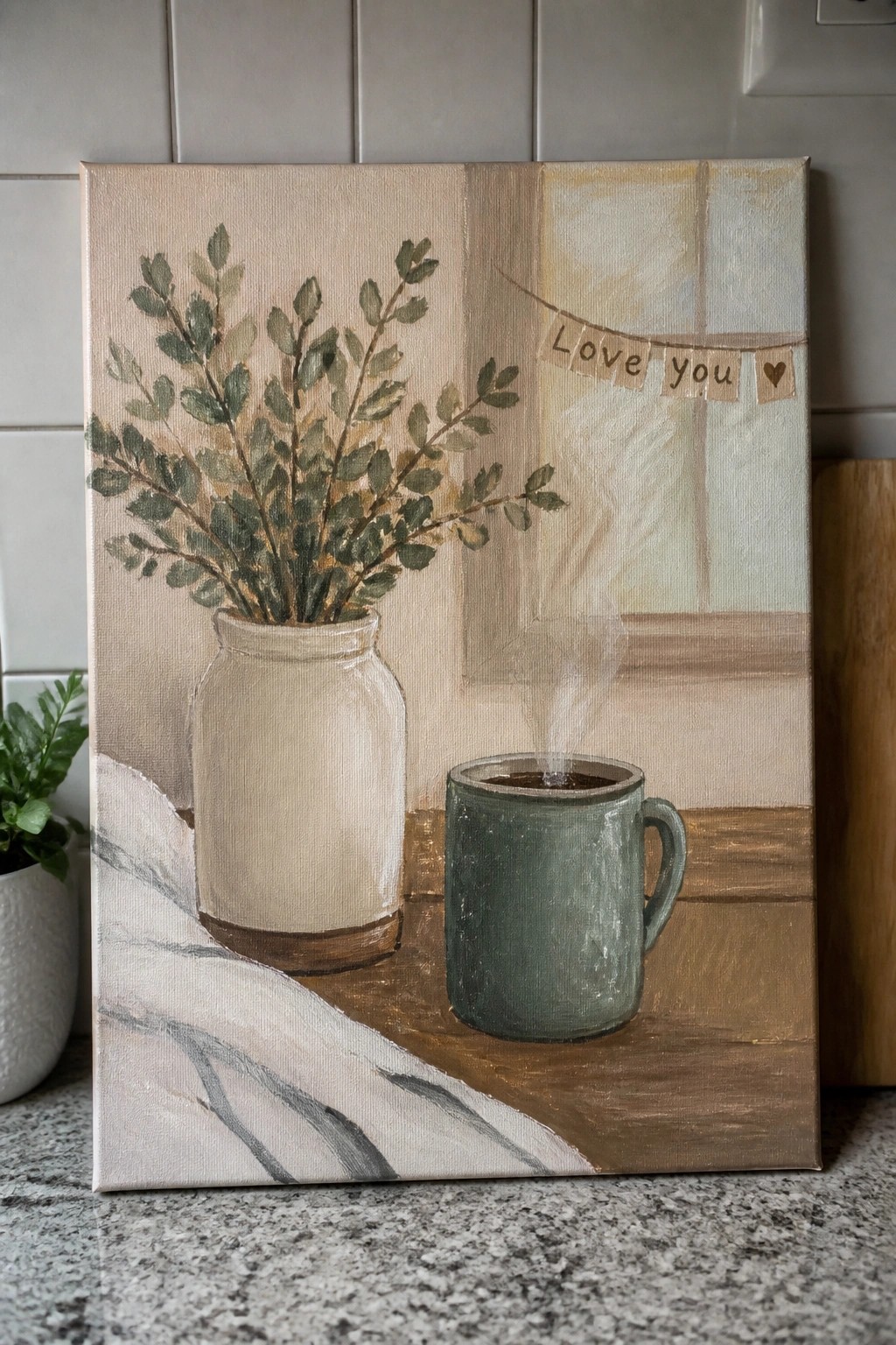 Still life painting of white vase with greenery, steaming green mug, and 