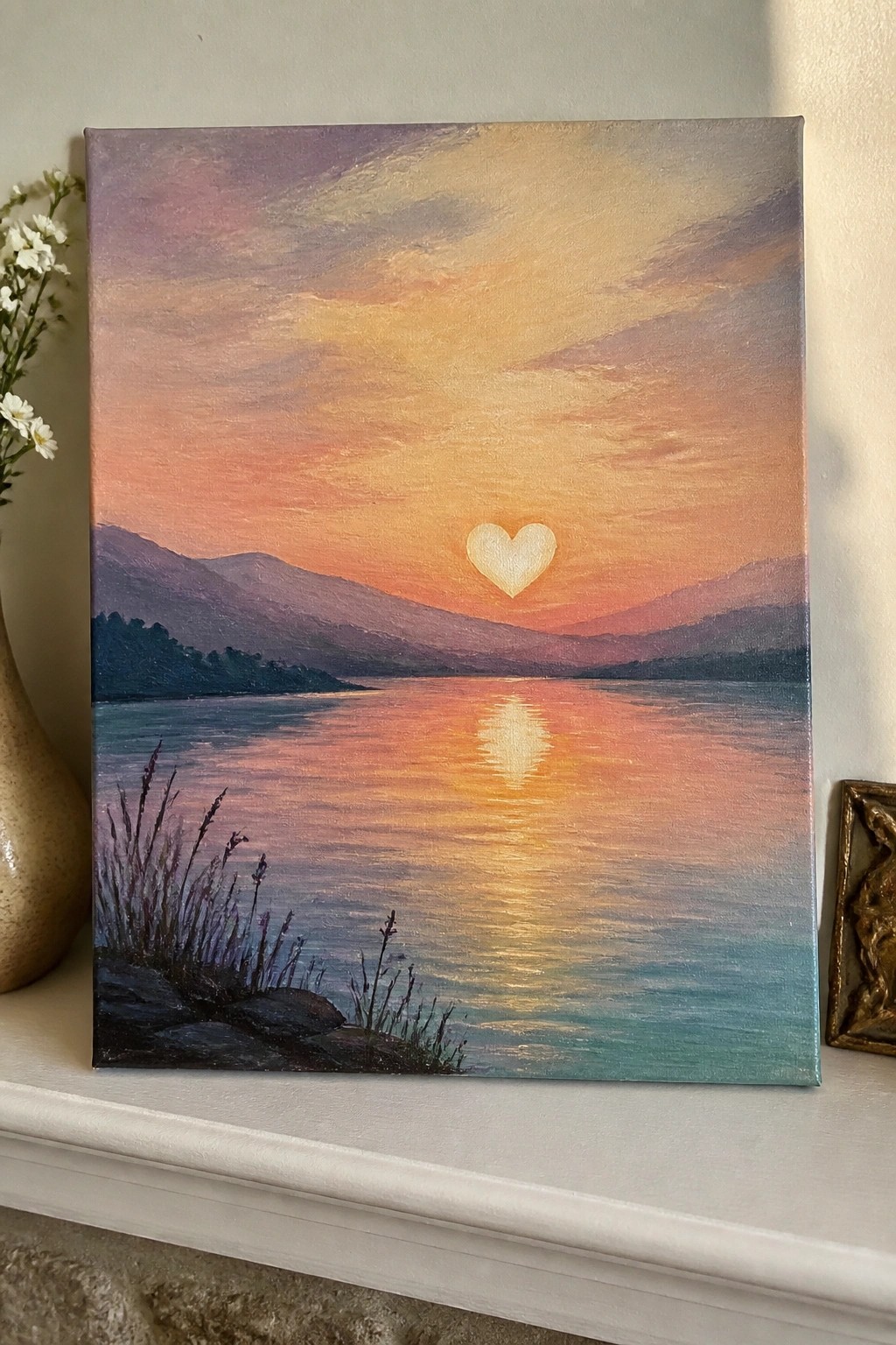 Oil painting of heart-shaped sun over lake with mountains on white mantel beside vase