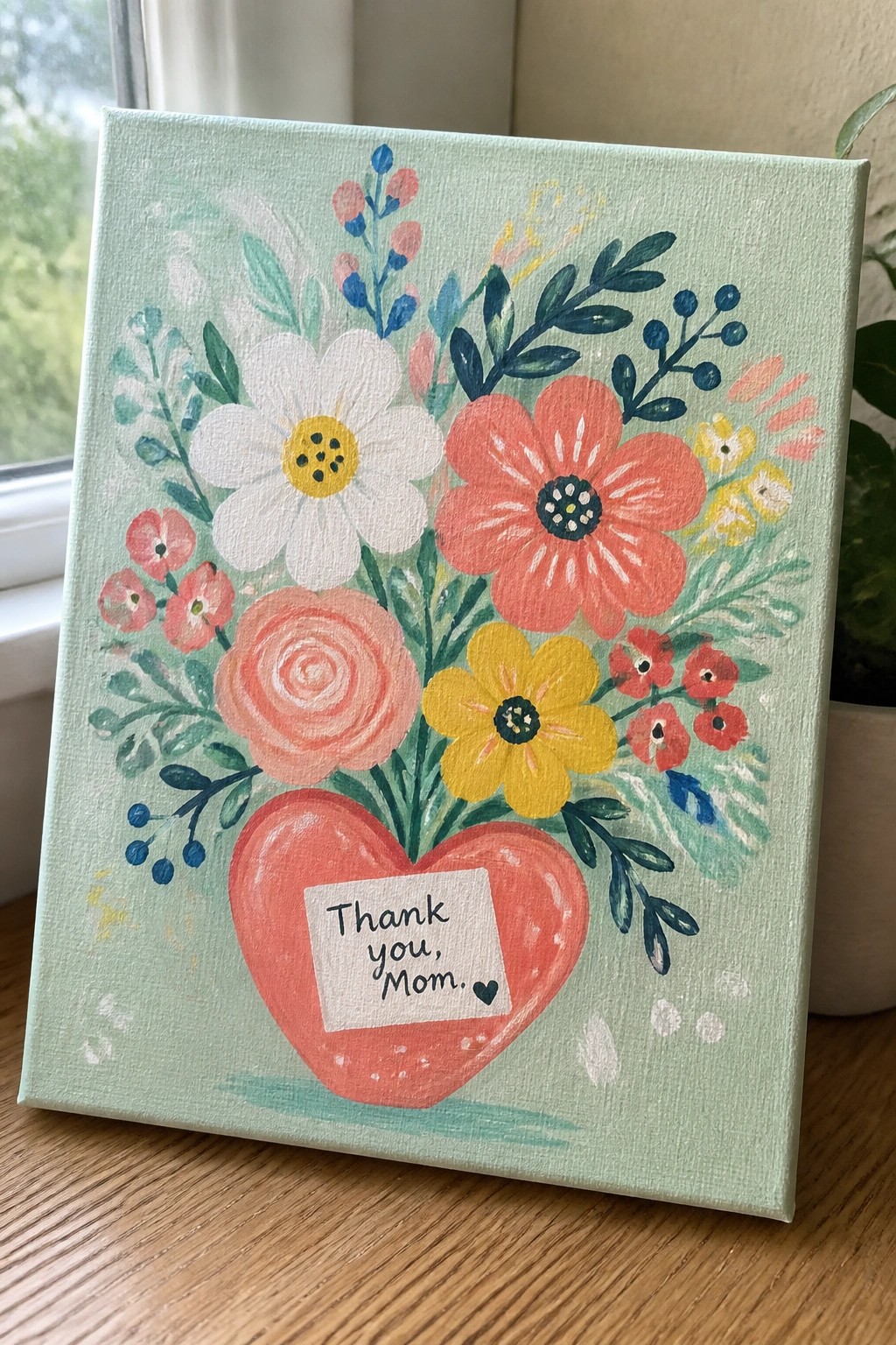 Colorful flowers in red heart vase on light green canvas with thank you mom note