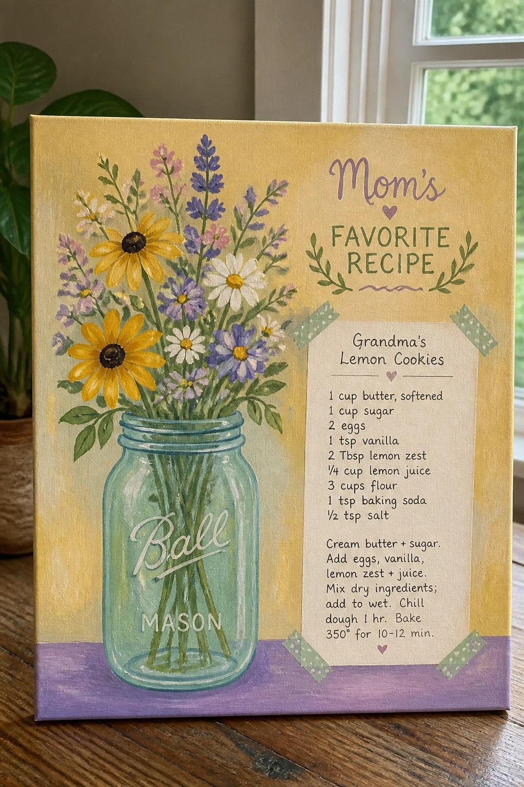 Yellow canvas painting of mason jar flowers with lemon cookie recipe card.