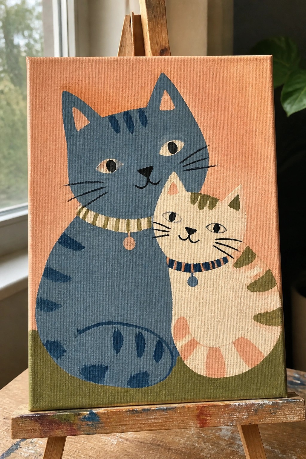 Stylized painting of a large blue cat beside a small striped kitten on easel