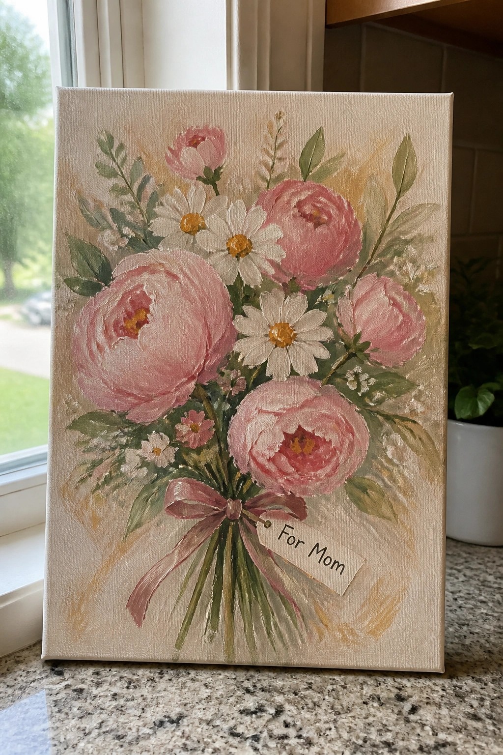 Acrylic painting of pink peonies and daisies bouquet with pink ribbon and 