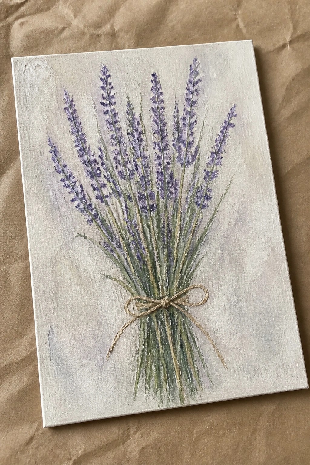 Soft purple lavender bouquet tied with twine bow on light canvas.