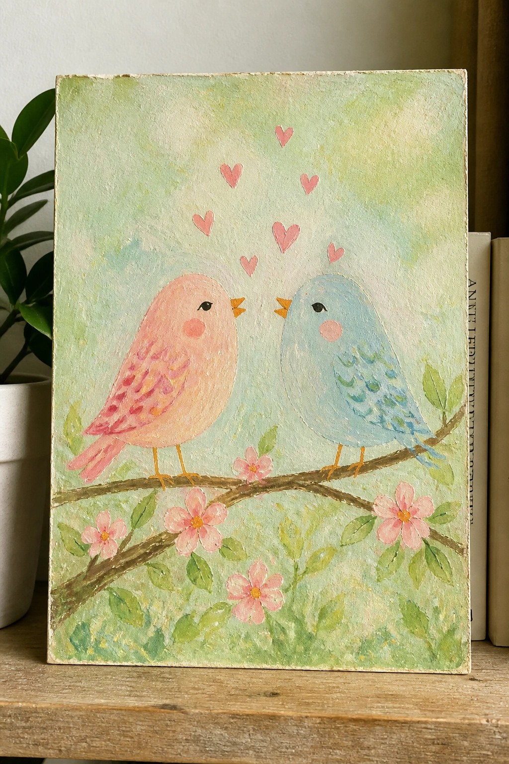 Pastel painting of pink and blue birds on a flowered branch with floating hearts