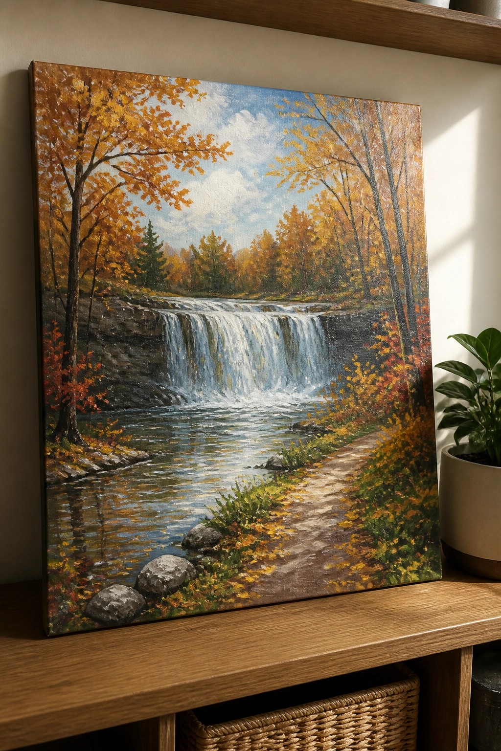 Autumn painting of cascading waterfall amid orange trees and forest path