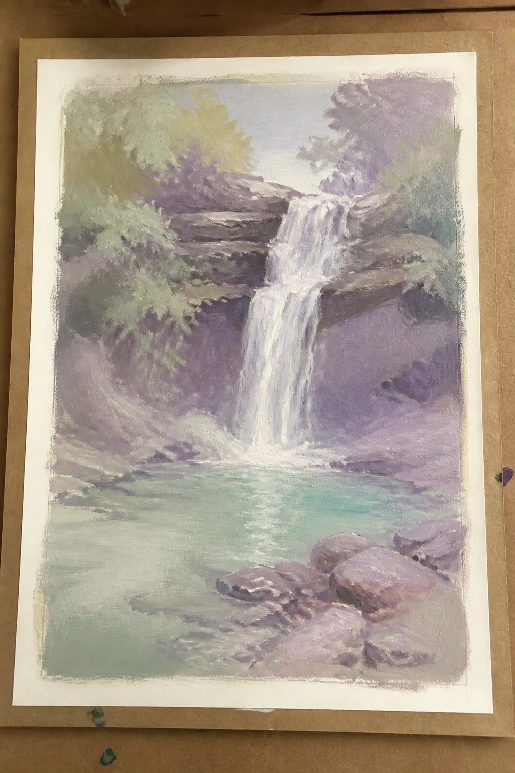 Watercolor painting of cascading waterfall into turquoise pool amid purple rocks and trees