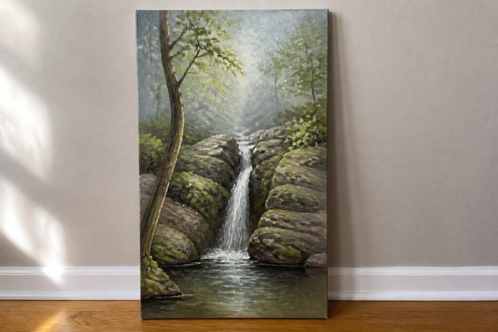 Large oil painting of waterfall cascading into pool amid rocky green cliffs.
