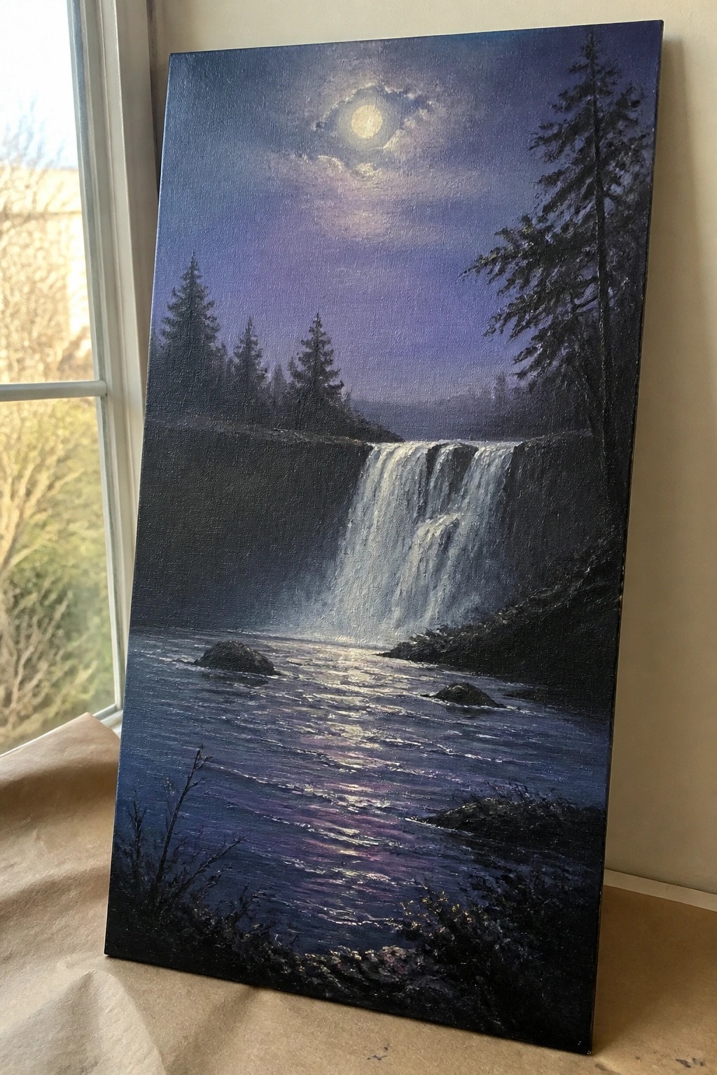 Moonlit waterfall cascades over cliffs into river beneath full moon and pine trees.