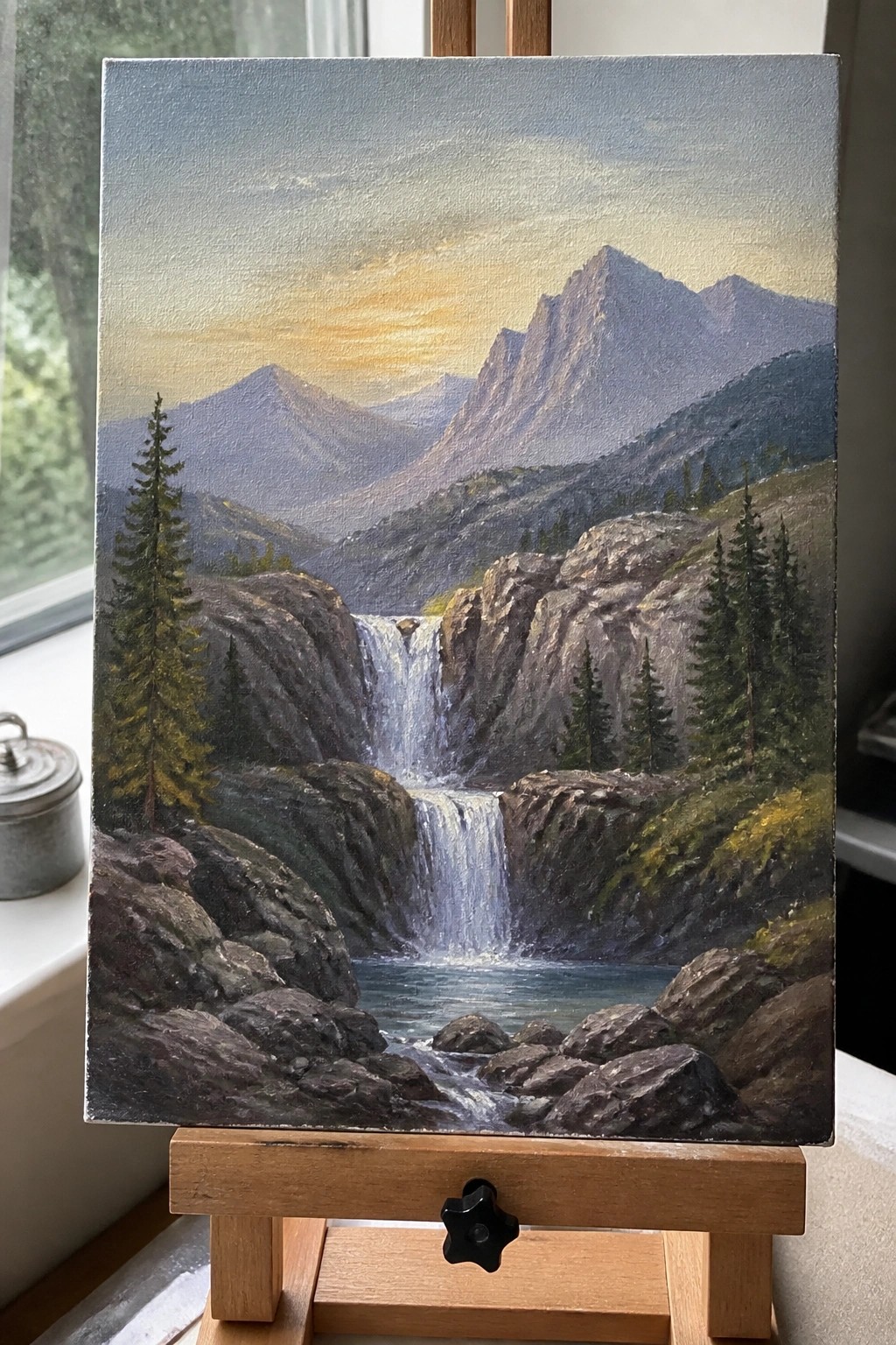 Oil painting on easel of waterfall cascading through rocky mountains at sunset