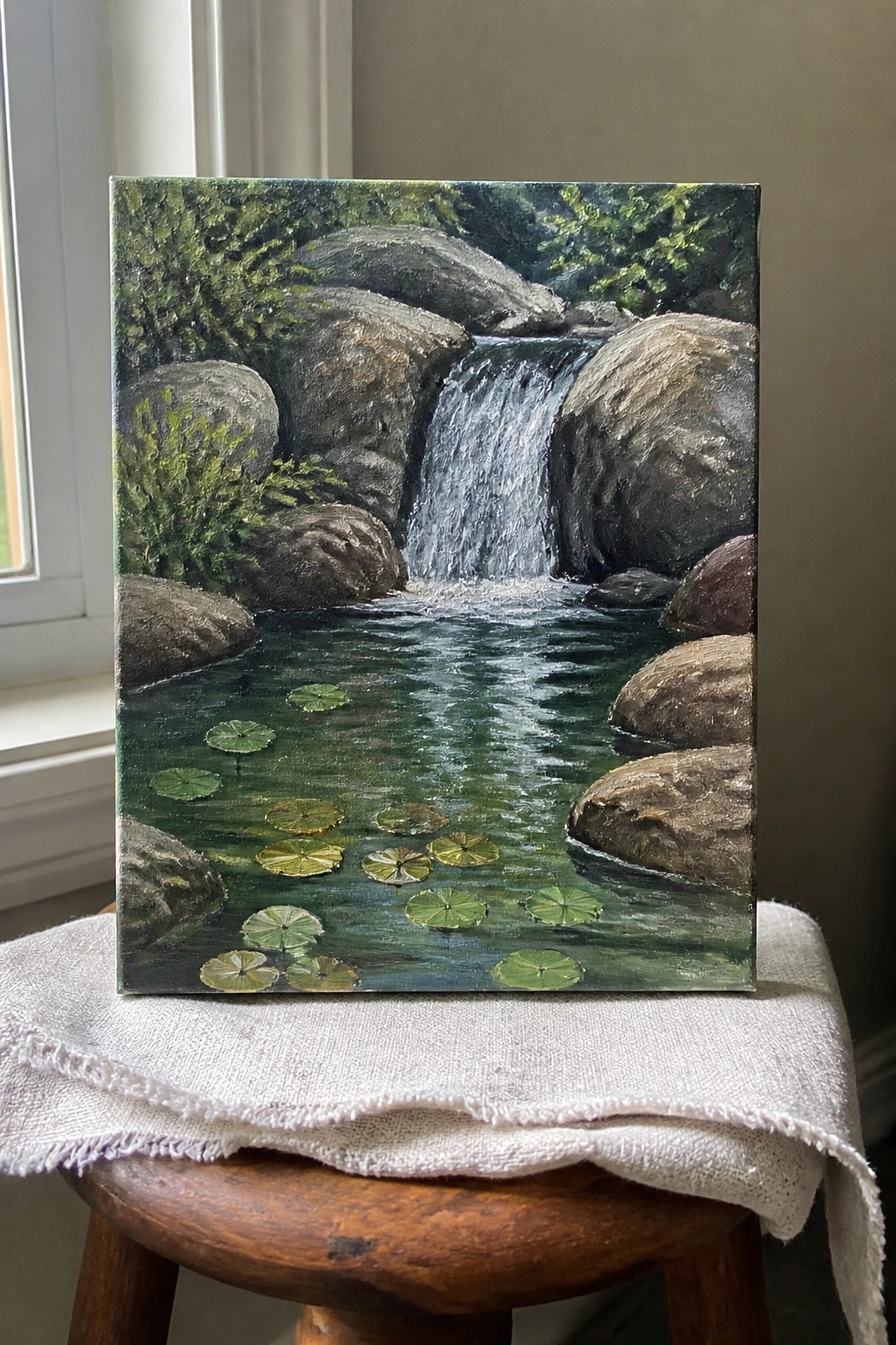 Painting of rocky waterfall cascading into pond with floating green lily pads on stool