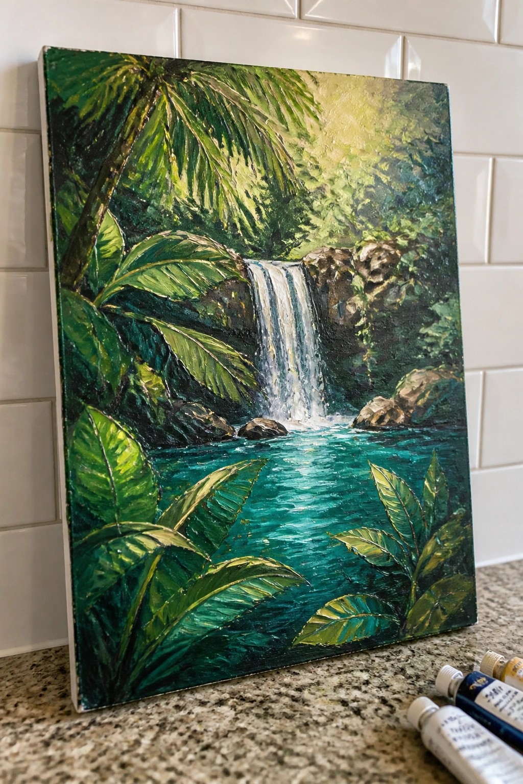 Vibrant jungle waterfall painting with lush green palms, turquoise water, rocks, and paint tubes.