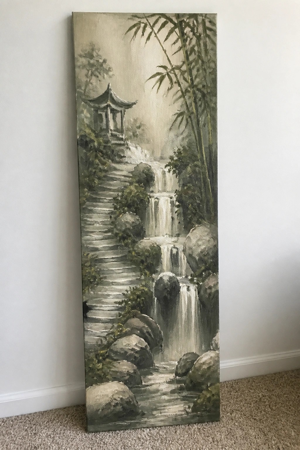 Vertical painting of misty waterfall with stone steps, pagoda, bamboo, and rocks in green tones.