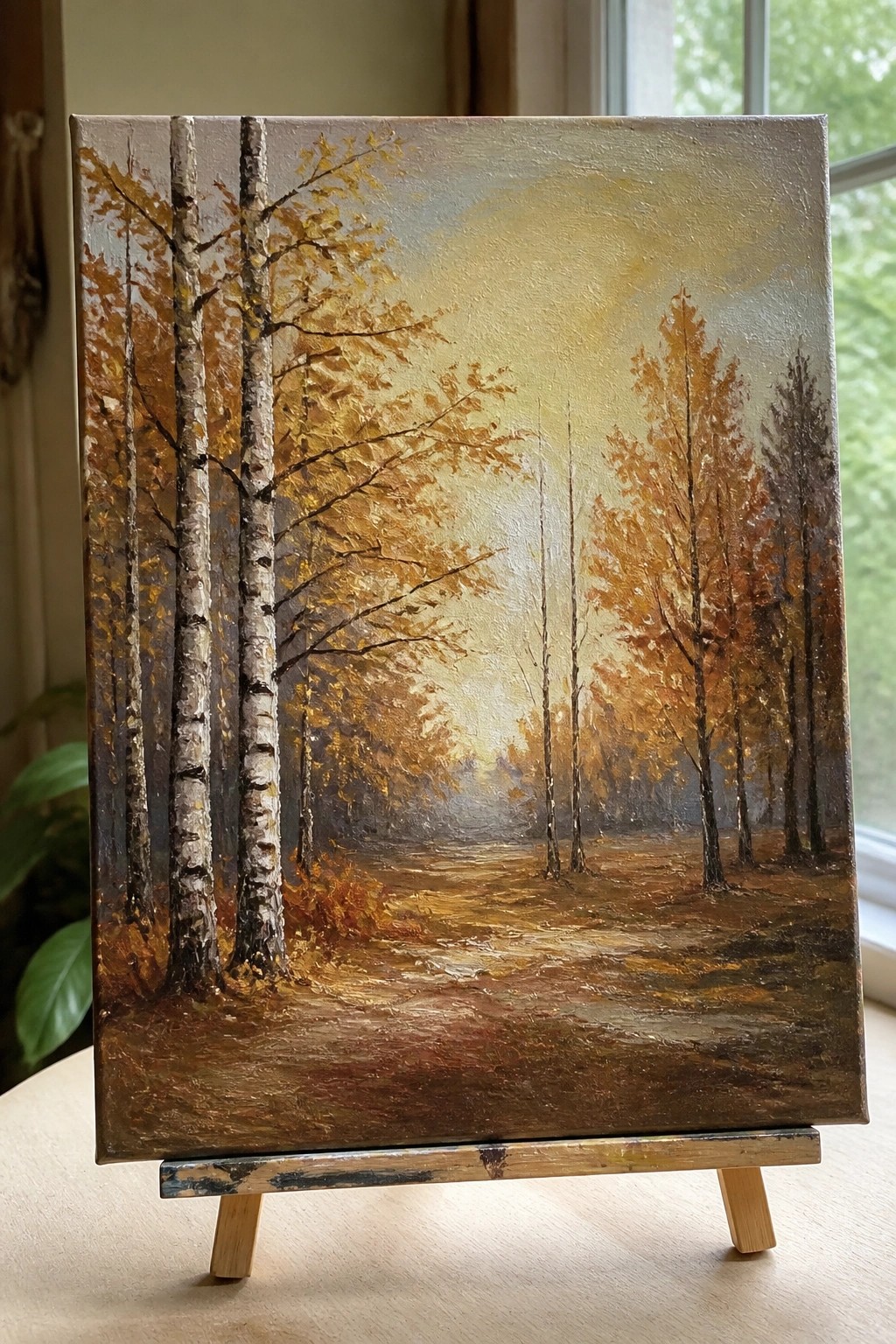 An oil painting of an autumn forest scene with birch trees on a canvas displayed on a wooden easel.