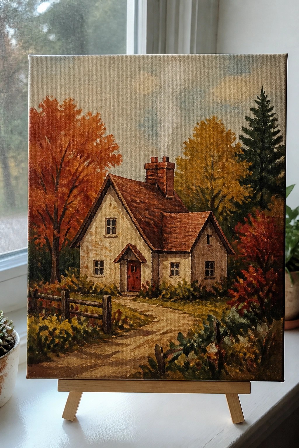 Canvas painting of cottage with red door amid autumn trees on wooden easel