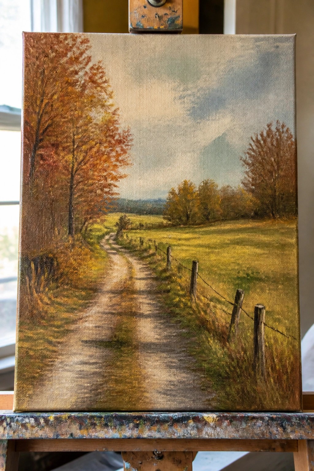 Autumn landscape painting on easel with winding path, trees, and fence
