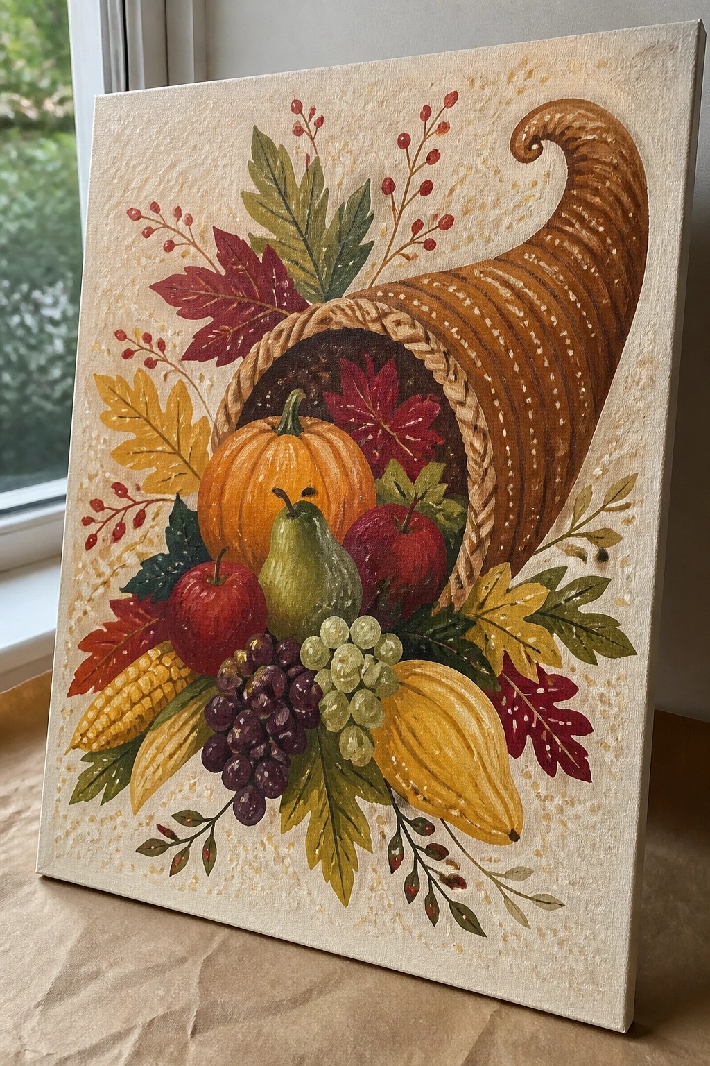 Autumn cornucopia painting overflowing with pumpkins, apples, grapes, corn, and fall leaves