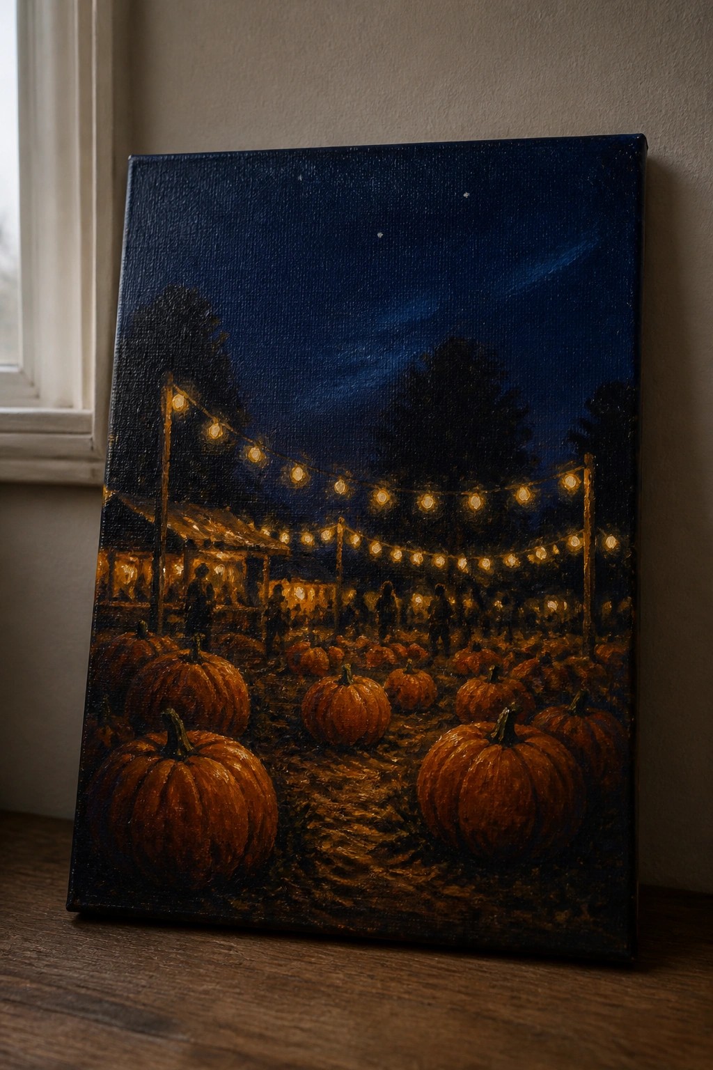 Nighttime pumpkin patch painting with glowing string lights, orange pumpkins, and silhouettes.