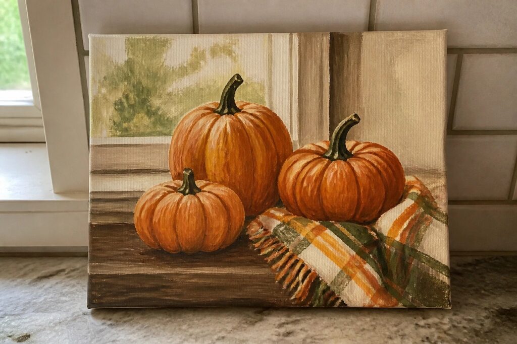 Three orange pumpkins and plaid fabric on a wooden windowsill in a painting.