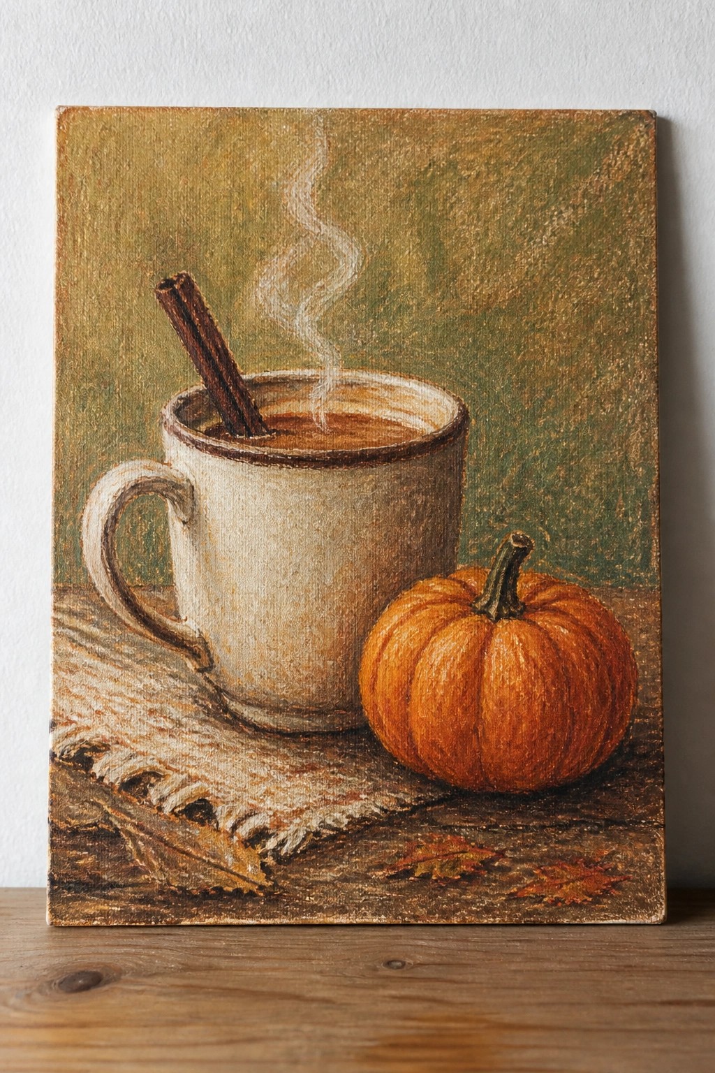 Still life painting of steaming mug with cinnamon stick beside orange pumpkin