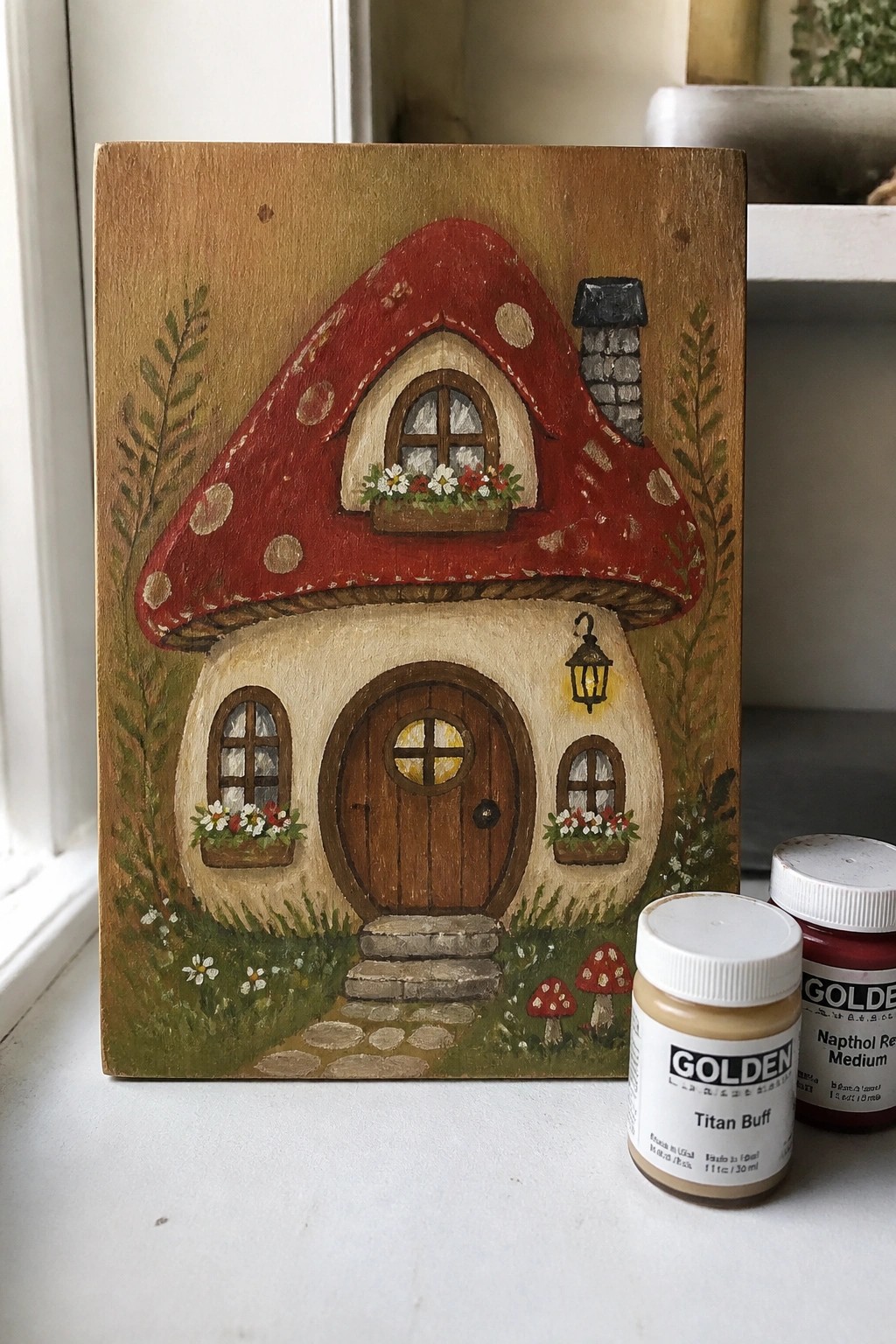 Hand-painted wooden plaque of red mushroom house with flower boxes and paint jars.