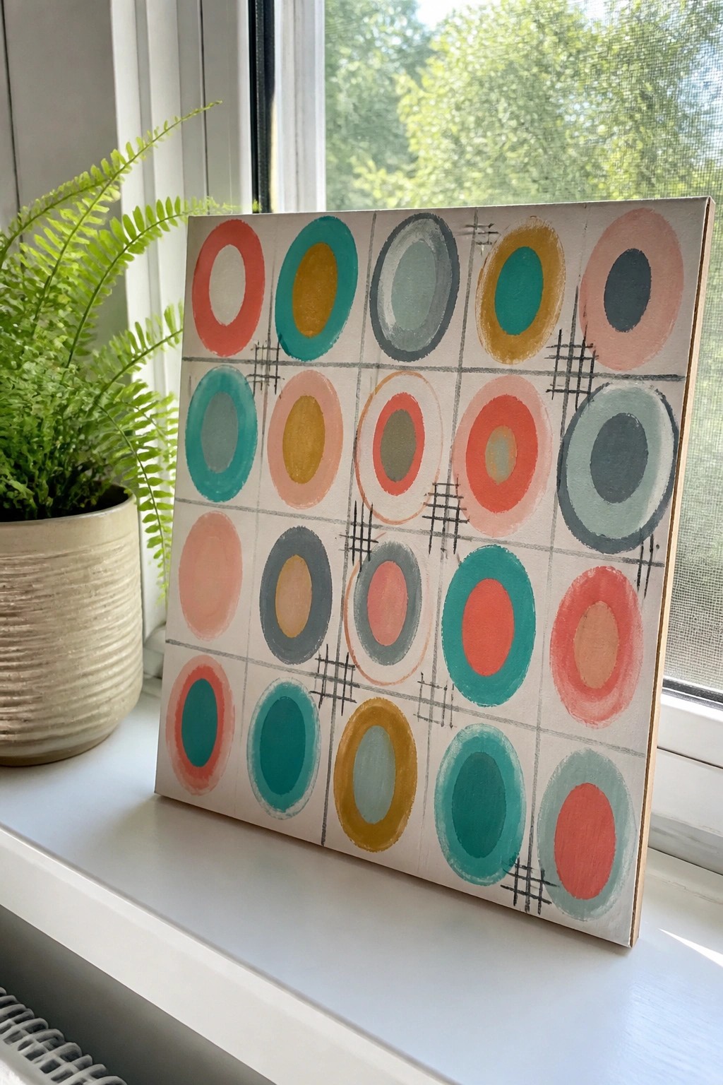 Abstract painting of colorful concentric circles on windowsill beside potted fern plant