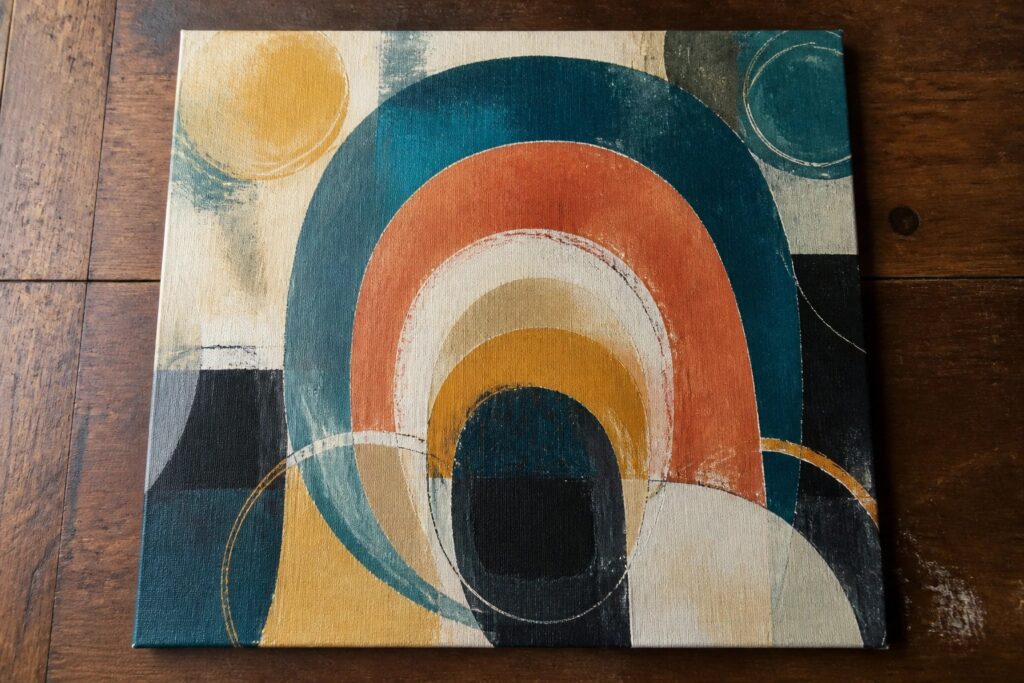 Abstract painting with overlapping teal, orange, and yellow circles and curves on wood.