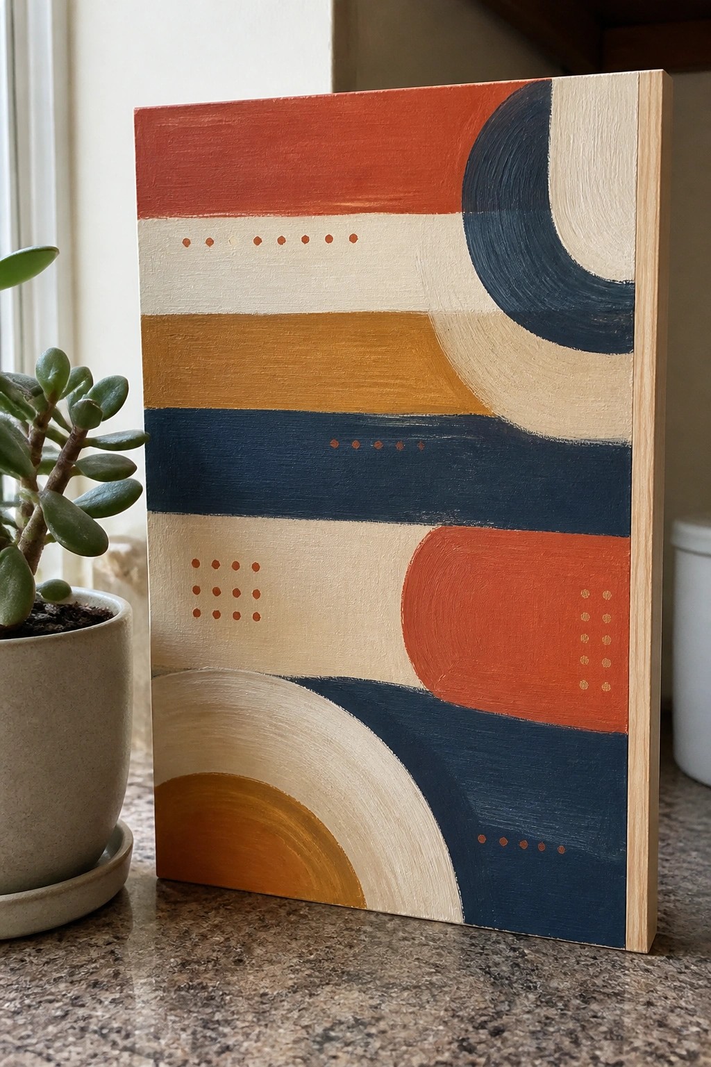 Abstract geometric painting with orange, blue, and yellow shapes beside potted plant.