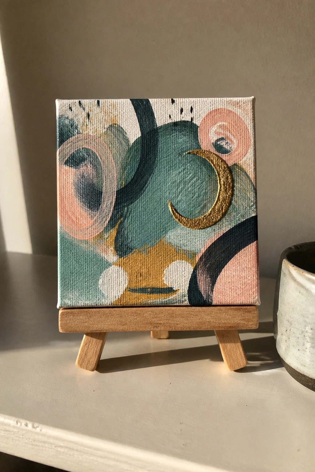 Abstract painting with gold crescent moon on wooden easel beside ceramic cup