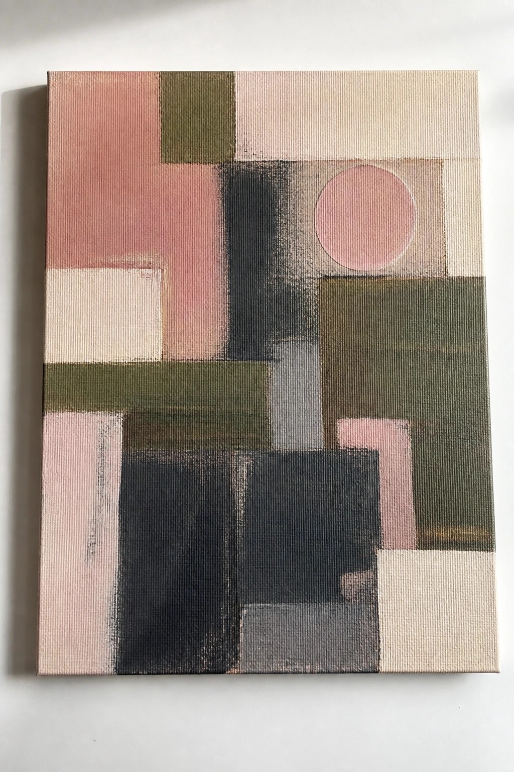 Abstract geometric painting with soft pink, green, and beige rectangular shapes and a pink circle.