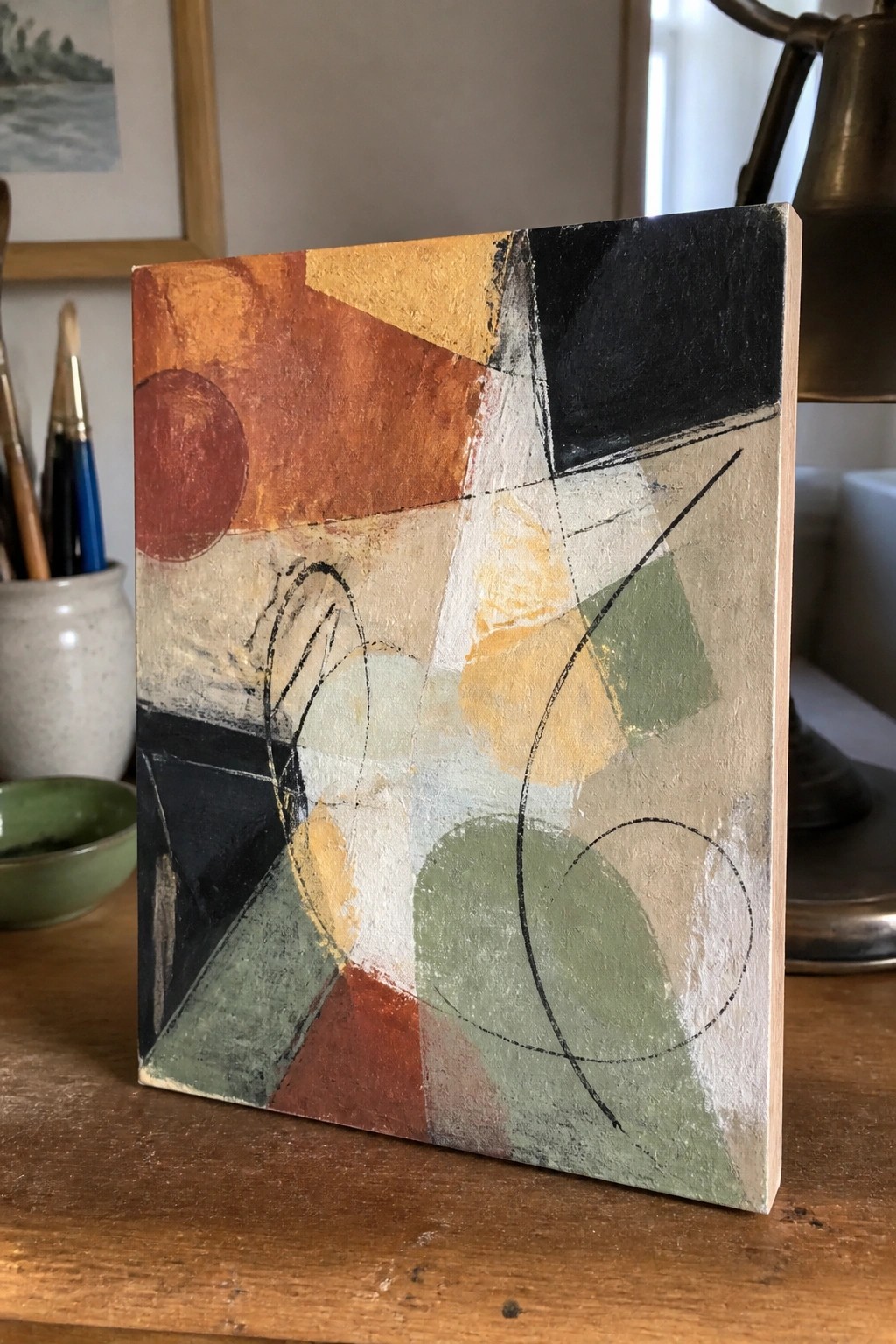 Abstract painting on wood with orange, black, green shapes and curved lines.