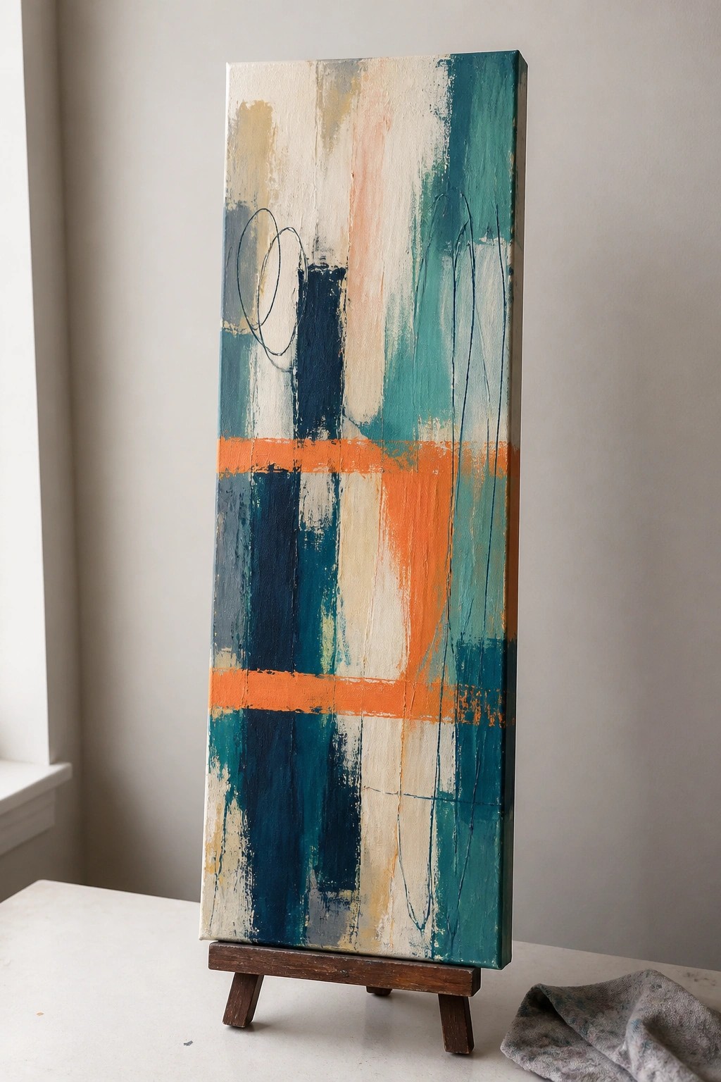 Abstract painting with teal, orange, blue brushstrokes on wooden easel stand