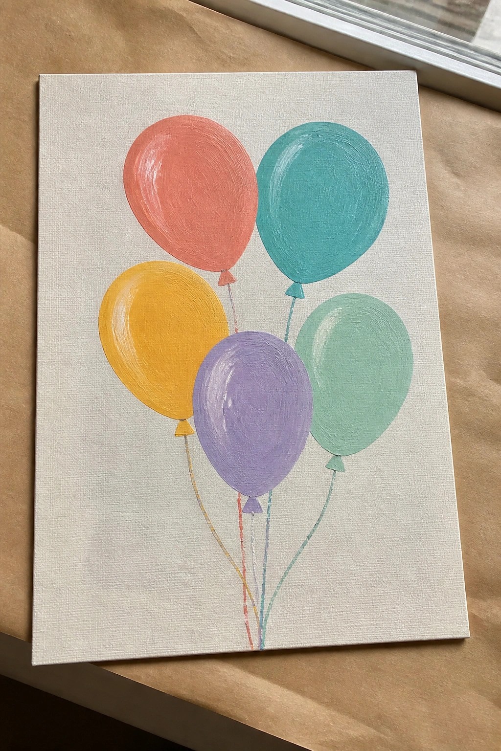 Painting of five colorful balloons with strings on white canvas