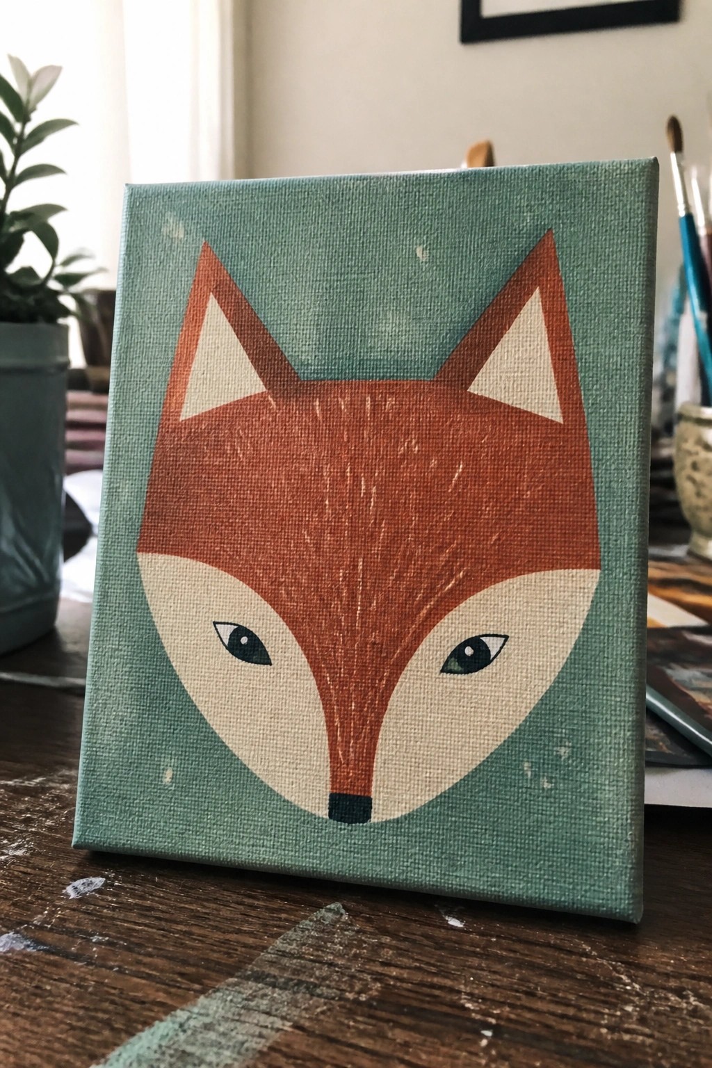 Stylized orange fox face with white accents on small teal canvas atop wooden table